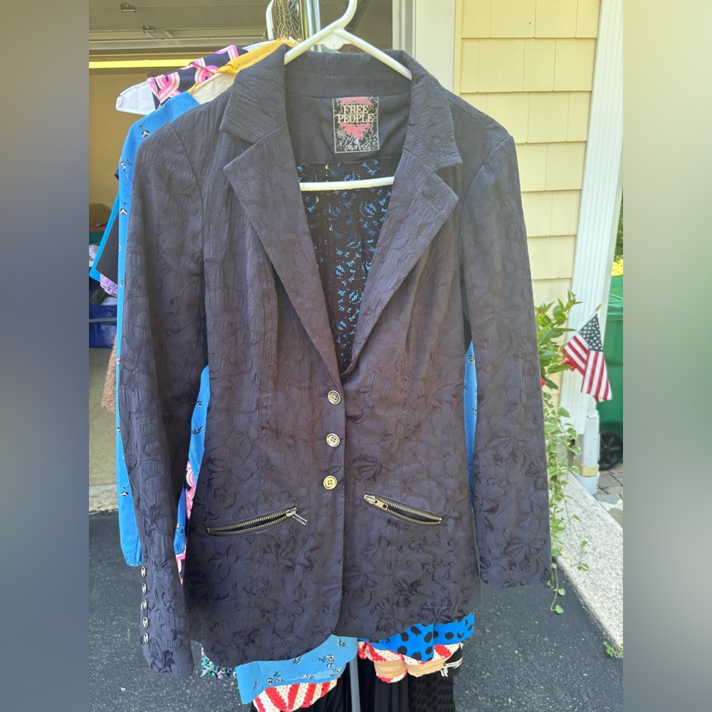 Free People Navy Floral Jacquard Blazer with Zip Pockets